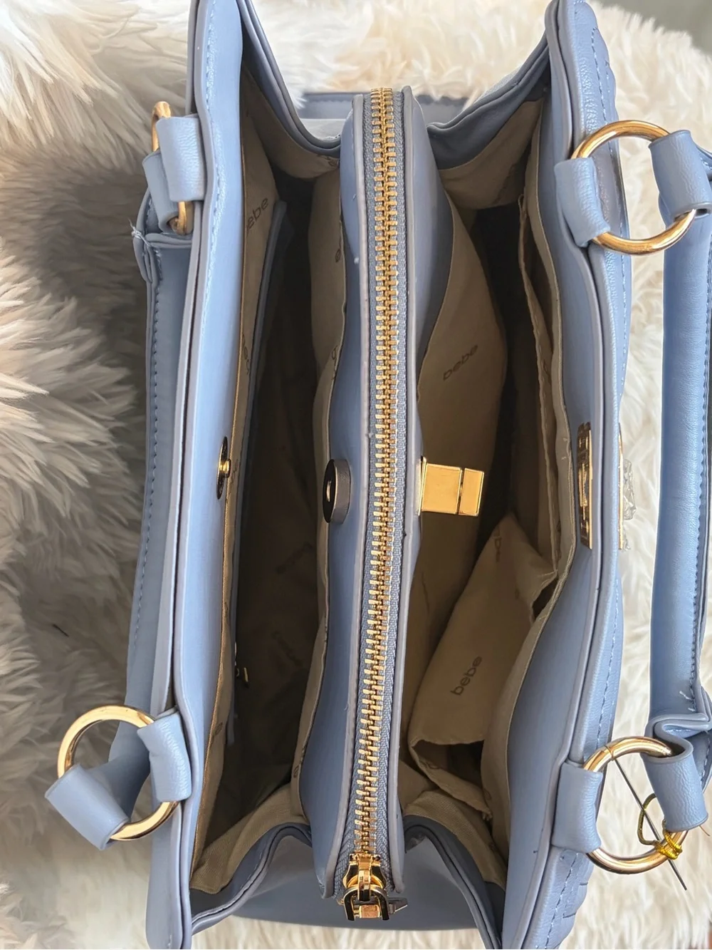bebe Katrina Quilted Top-Handle Satchel in Slate Blue with Gold Hardware